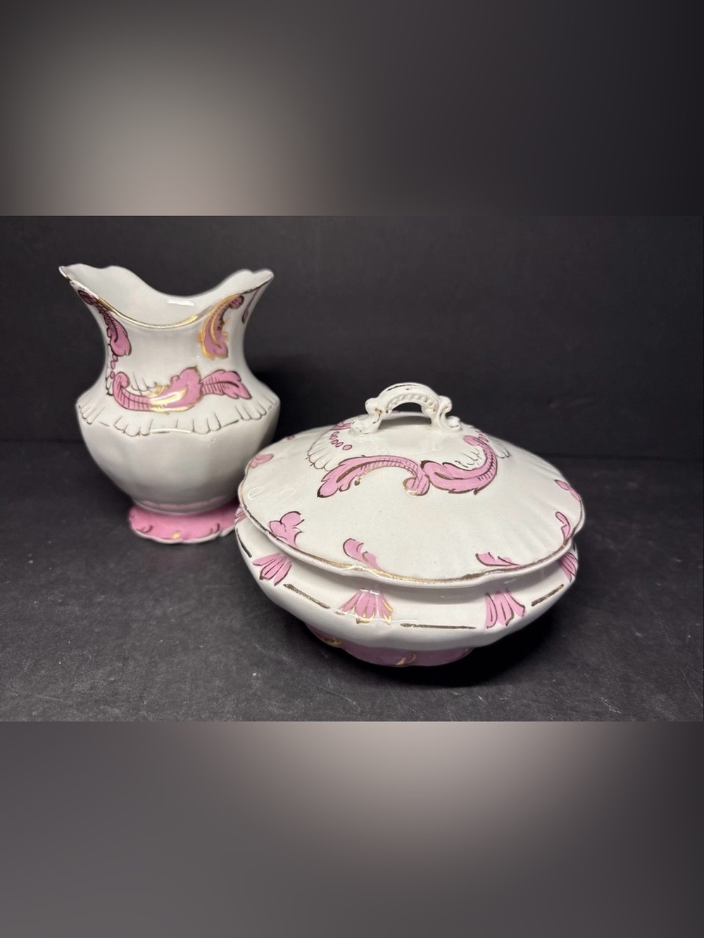 Victorian Vanity Set Pink &White Porcelain Champion Powder Dish & Pitcher - Picture 2 of 15